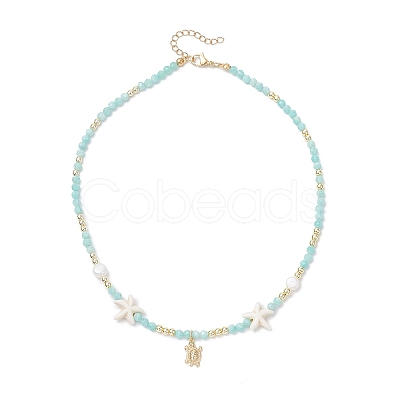 Natural Amazonite Faceted Round and Natural Cultured Freshwater Pearl & Starfish Synthetic Turquoise Beaded Brass Turtle Pendant Necklaces for Women NJEW-JN05496-04-1