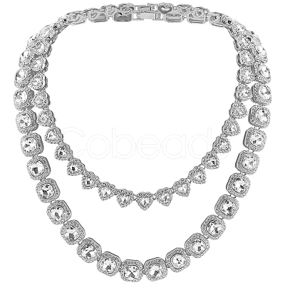 2Pcs 2 Styles Zinc Alloy Pave Square/Heart Clear Glass Tennis Necklaces for Womem NJEW-SP0001-08PS-1