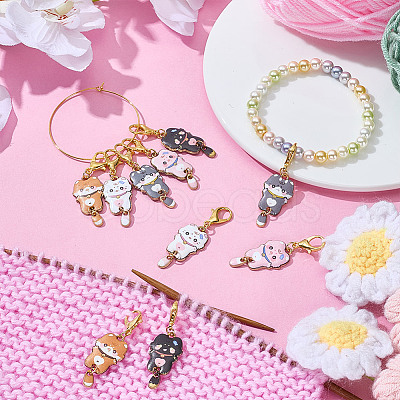 10Pcs 5 Styles Cat Alloy Enamel Pendant Locking Stitch Markers HJEW-HY00108-1