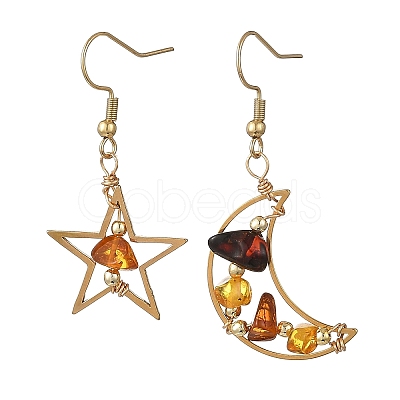Natural Amber Wire Wrapped Star Moon Dangle Earrings EJEW-JE07532-1