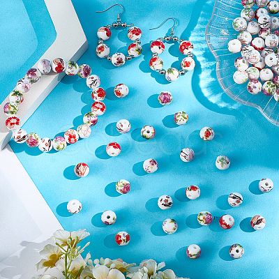 Handmade Flower Printed Porcelain Ceramic Beads PORC-LT0001-12B-1