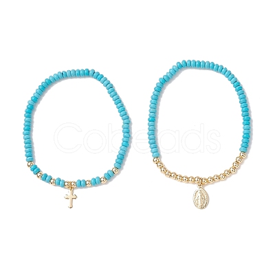 2Pcs Synthetic Turquoise Beads Stretch Bracelets BJEW-JB13415-03-1