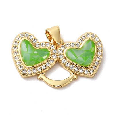 Double Heart Brass Micro Pave Cubic Zirconia Pendants KK-K385-046G-1