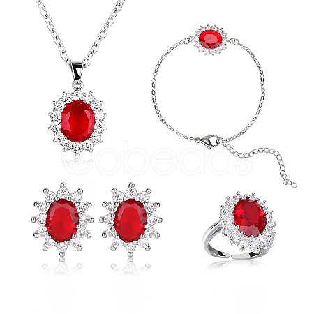 Cubic Zirconia Oval Pendant Necklace & Link Bracelet & Cuff Ring & Stud Earrings SJEW-SZC0001-01A-1