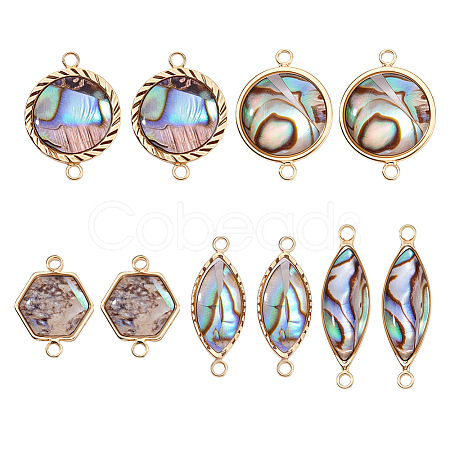 10Pcs 5 Styles Brass Pave Natural Paua Shell Connector Charms KK-PH0012-91B-1