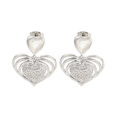 Heart Brass Pave Clear Cubic Zirconia Stud Earrings EJEW-M258-66P-1