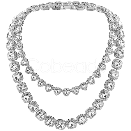 2Pcs 2 Styles Zinc Alloy Pave Square/Heart Clear Glass Tennis Necklaces for Womem NJEW-SP0001-08PS-1