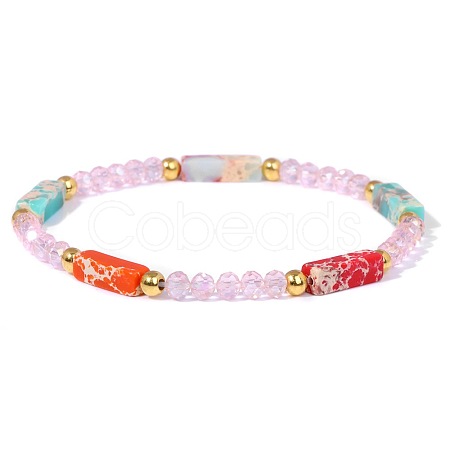 Dyed Synthetic Imperial Jasper Cuboid & Faceted Rondelle Dyed White Jade & Round Brass Beaded Stretch Bracelets QY8342-9-1