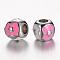 304 Stainless Steel Enamel European Beads, Rondelle, Stainless Steel Color, Pink, 11x9.5mm, Hole: 5mm