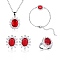 Cubic Zirconia Oval Pendant Necklace & Link Bracelet & Cuff Ring & Stud Earrings, Platinum Brass Jewelry Set for Women, Red, 413mm, 167mm, Inner Diameter: 17mm, 13.5x11.5mm, Pin: 0.7mm