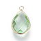 Glass Pendants, with Brass Findings, Faceted, teardrop, Light Gold, Medium Sea Green, 14x7.5x4mm, Hole: 1.8~2.3mm