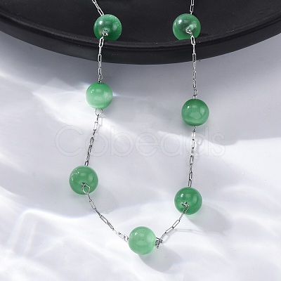 304 Stainless Steel Cat Eye Round Beads Handmade Chain Necklaces for Women NJEW-C073-01P-04-1