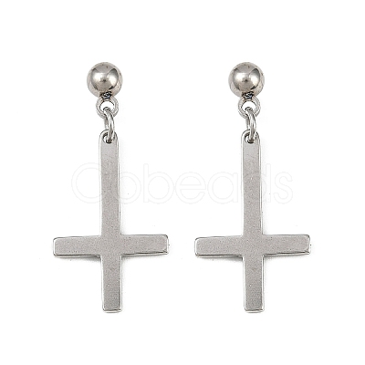 Christian Upside Down Cross 201 Stainless Steel Dangle Stud Earrings EJEW-P314-01A-P-1