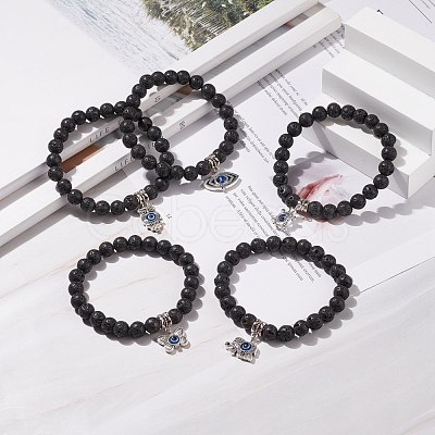 Natural Lava Rock Round Beaded Stretch Bracelet BJEW-JB08221-1