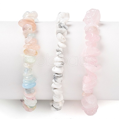 Chips Natural Rose Quartz & Morganite & Howlite Beaded Stretch Bracelets Sets BJEW-JB05332-04-1