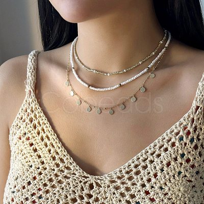 Summer Beach Alloy Coin Tassel Glass Seed Beaded 3 Layer Necklaces for Women FS-WGF3BD7-03-1