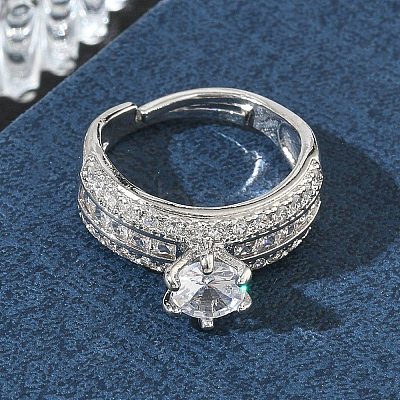 Adjustable Brass Finger Rings with Round Cubic Zirconia Center & Baguette Accents for Women CU-CBA7E55-16P-1