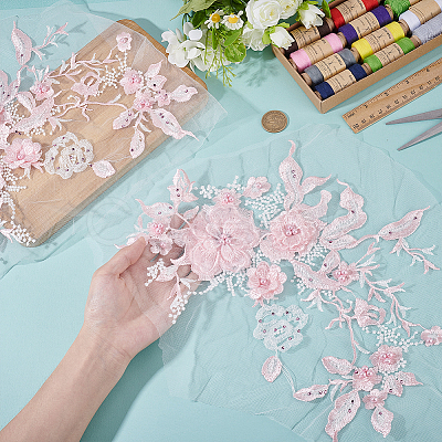 2Pcs Flower Polyester with Plastic Pearl Embroidery Sew on Cloth Patches PATC-HY0002-03C-1