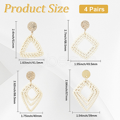 4 Pairs 4 Styles Rattan Dangle Stud Earrings EJEW-SP0001-16A-1
