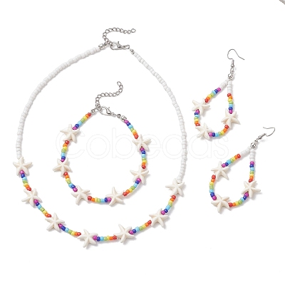 Starfish Synthetic Turquoise & Glass Beaded Bracelets & Earrings & Necklaces SJEW-JS01369-1