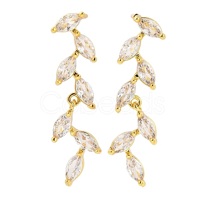 Leaf Brass Micro Pave Clear Cubic Zirconia Dangle Stud Earrings EJEW-F348-02G-1
