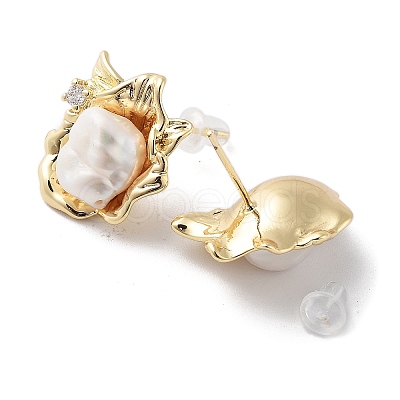 Flower Natural Pearl Stud Earrings with Brass Micro Pave Cubic Zirconia and 925 Sterling Silver Pins EJEW-P256-93G-1