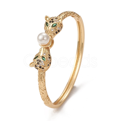 Rack Plating Brass Micro Pave Cubic Zirconia Leopard Bangles with Plastic Bead BJEW-E071-26G-1