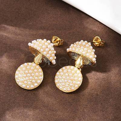 Brass ABS Plastic Pearl Mushroom Dangle Stud Earrings EJEW-L275-03G-1