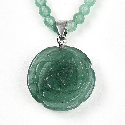 Natural Green Aventurine 4.5mm Round Beaded Flower Pendant Necklaces NJEW-T016-04F-1