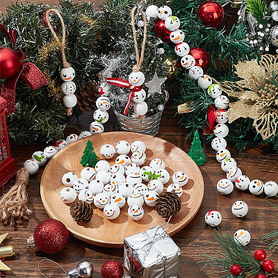 60Pcs 6 Styles Round Christmas Snowman Print Wood European Beads WOOD-PH0002-98-1