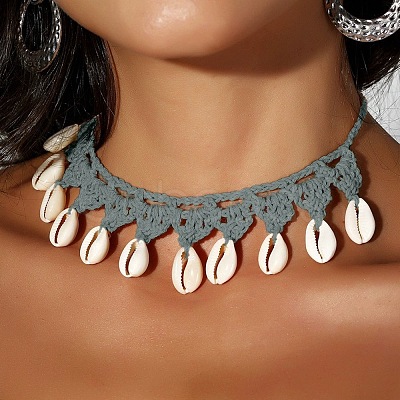 Bohemian Handmade Woven Polyester Cord Natural Cowrie Shell Tassel Choker Necklaces for Women FS-WGB5F2D-03-1