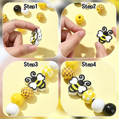 Bees Themed Printed Wood Beads Sets WOOD-YW0001-21-1