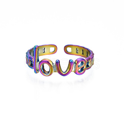 Ion Plating(IP) Rainbow Color 304 Stainless Steel Word Love Open Cuff Ring for Women RJEW-S405-262M-1