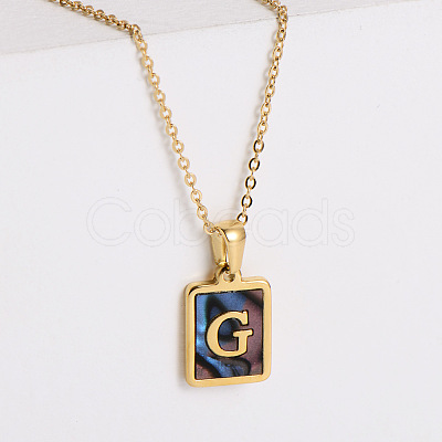 304 Stainless Steel Pave Natural Paua Shell Rectangle Initial Pendant Necklaces for Women FS-WG38E89-07-1