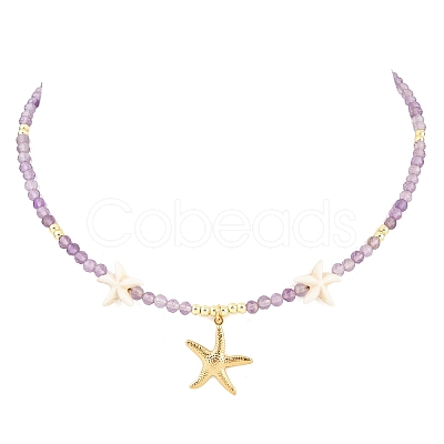 Synthetic Turquoise & Natural Amethyst Faceted Round Beaded Starfish 304 Stainless Steel Pendant Necklaces for Women NJEW-JN05459-1