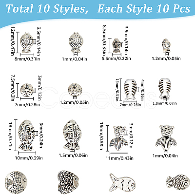 100Pcs 10 Styles Tibetan Style Alloy Beads TIBEB-SC0001-33-1