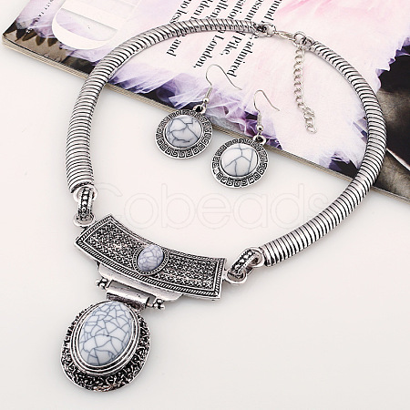 Oval Synthetic Turquoise Pendant Necklaces & Dangle Earrings Sets. Alloy Jewelry Sets FS-WGD3387-03-1