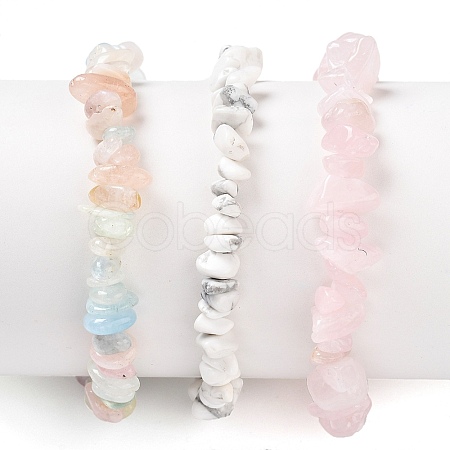 Chips Natural Rose Quartz & Morganite & Howlite Beaded Stretch Bracelets Sets BJEW-JB05332-04-1