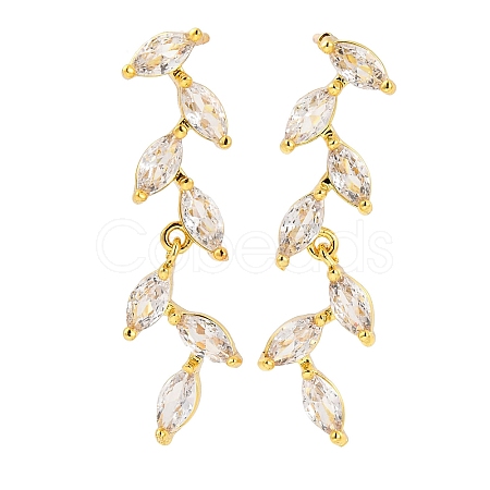 Leaf Brass Micro Pave Clear Cubic Zirconia Dangle Stud Earrings EJEW-F348-02G-1