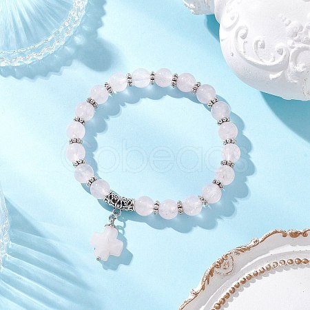 Natural Rose Quartz Cross Charm Bracelets BJEW-JB12259-01-1