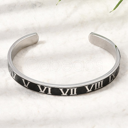304 Stainless Steel Black Enamel Roman Numerals Open Cuff Bangles for Women SA-CBAC920-14P-1