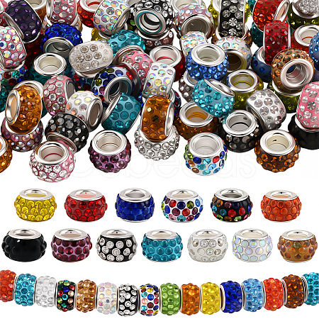 80Pcs Polymer Clay Rhinestone European Large Hole Beads with Silver Color Plated Brass Cores FPDL-LT0001-02F-1