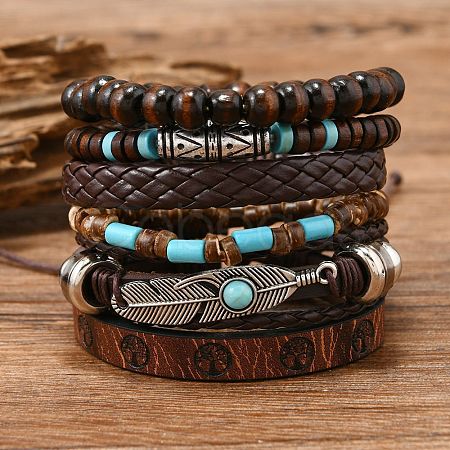 6Pcs 6 Styles Wood & Synthetic Turquoise Beaded Stretch Bracelets & Alloy Synthetic Turquoise Link Bracelets & Retro PU Leather Cord Bracelets for Men's FS-WG129F8-04-1