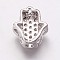 Brass Cubic Zirconia Beads, Hamsa Hand/Hand of Fatima/Hand of Miriam, Clear, Platinum, 9.5x8.5x4mm, Hole: 2mm