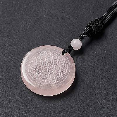 Natural Rose Quartz Flat Round with Flower of Life Pendant Necklace with Nylon Cord for Women NJEW-P274-02-06-1