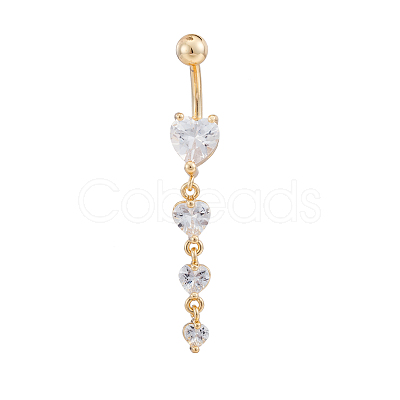 Real 18K Gold Plated Piercing Jewelry Brass Cubic Zirconia Heart Navel Ring Navel Ring Belly Rings AJEW-EE0001-06-1