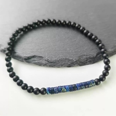4MM Synthetic Imperial Jasper Heishi Beads and Round Frosted Black Onyx(Dyed & Heated) Beaded Stretch Bracelets for Women Men MG4641-10-1