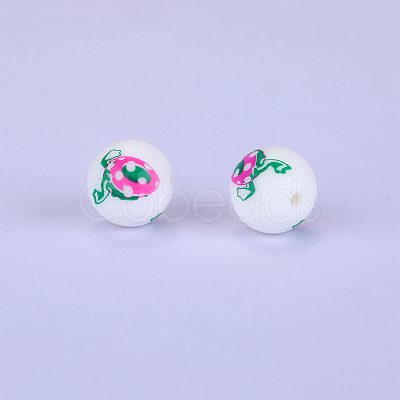 Printed Round with Egg Pattern Silicone Focal Beads SI-JX0056A-148-1