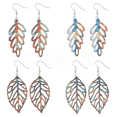 4 Pairs 4 Style Wood Hollow Leaf Dangle Earrings EJEW-FI0001-95-1