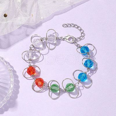 Copper Wire Wrapped Colorful Faceted Glass Round Bead Link Bracelets for Women BJEW-JB10320-1